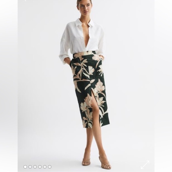 Reiss Jackson Floral Print High Rise Midi Skirt Green Tropical Resortwear Yellow - Picture 12 of 16